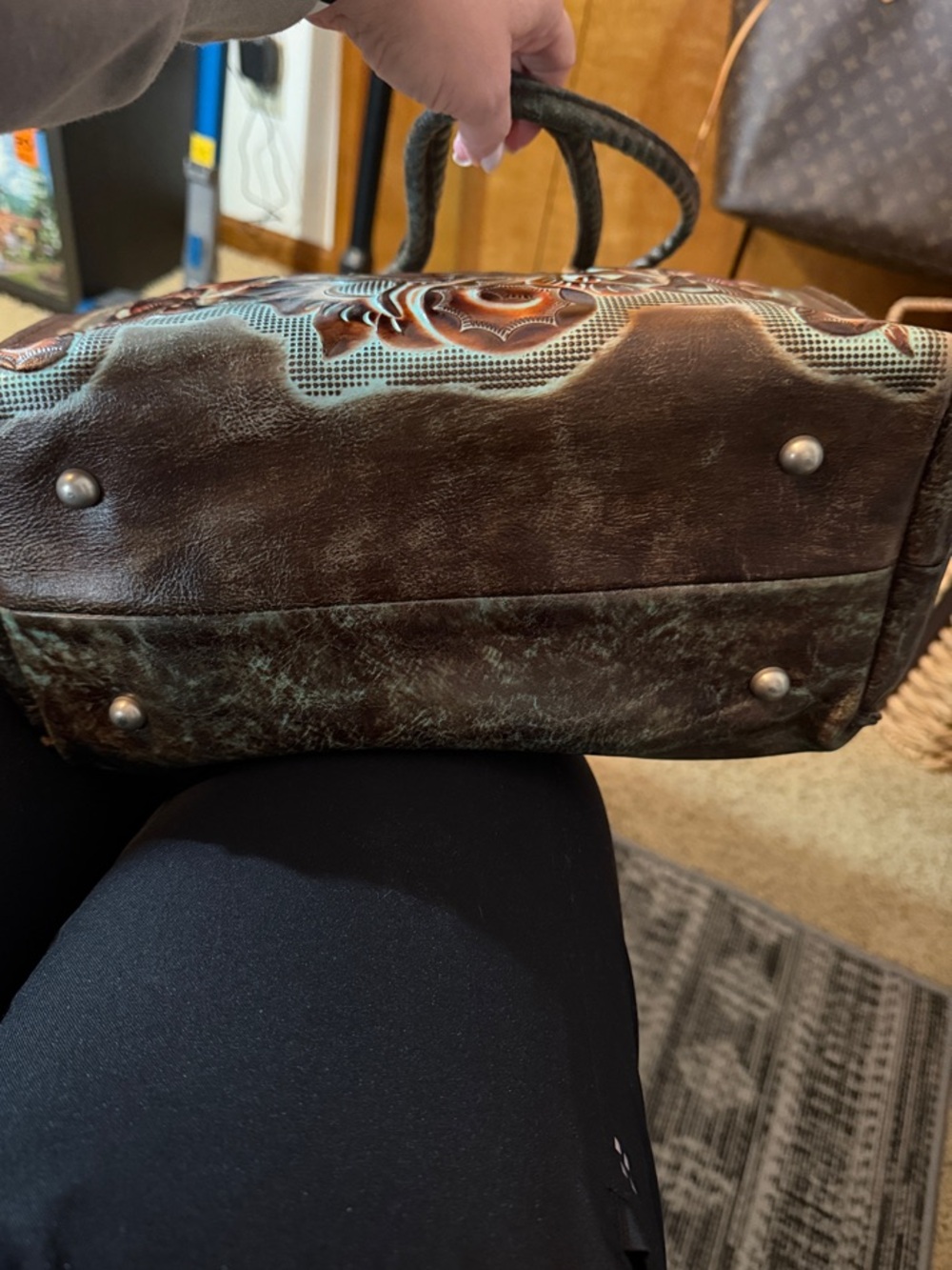 Patricia Nash Brown Tooled Floral Leather Tote with Turquoise Accents - Picture 3 of 4